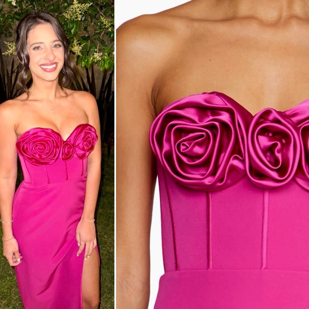 Monique Lhuillier Gemma Rosette Strapless Column Gown Dress Fuchsia Pink Formal - Picture 12 of 12